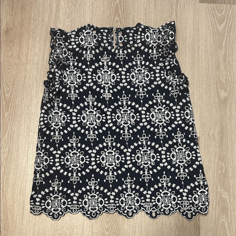 Shein Scoop Neck Eyelet Cut Navy And White Ruffled Sleeve Blouse sz Medium